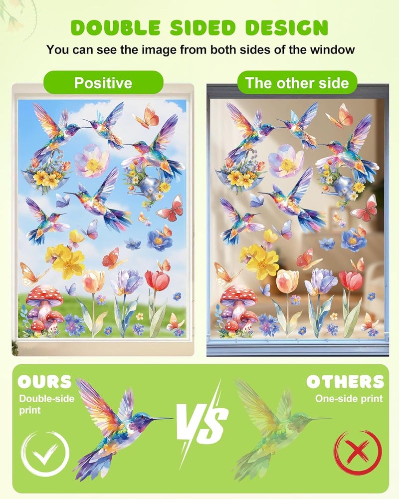 JMHACHY Easter Window Clings Decorations - 9 Sheets Easter Flower Window Clings, Colorful Hummingbirds, Butterflies Stickers for Glass Windows, Double-Sided Static Decals - Image 3